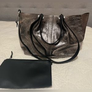 AllSAINTS silver leather bag with detachable black leather zippered insert